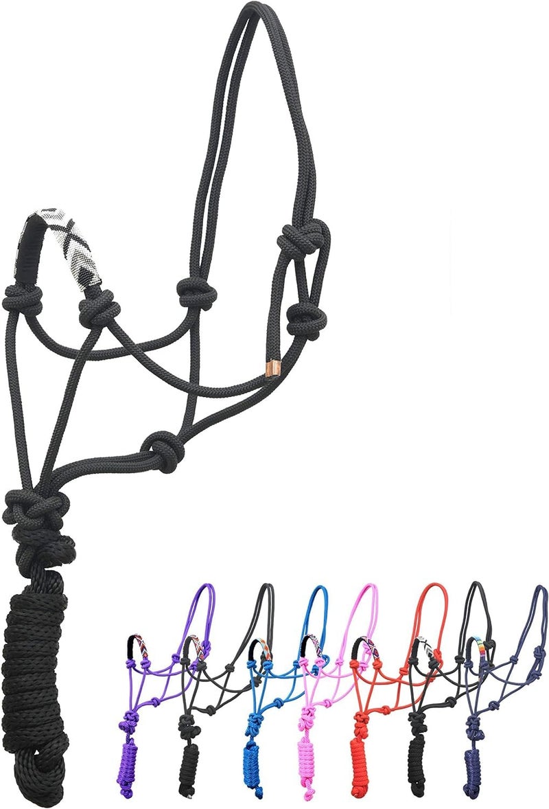 Sie Nylon Horse Braided Rope Halter Beaded Noseband Lead Rope (Black & Silver) - Image 1